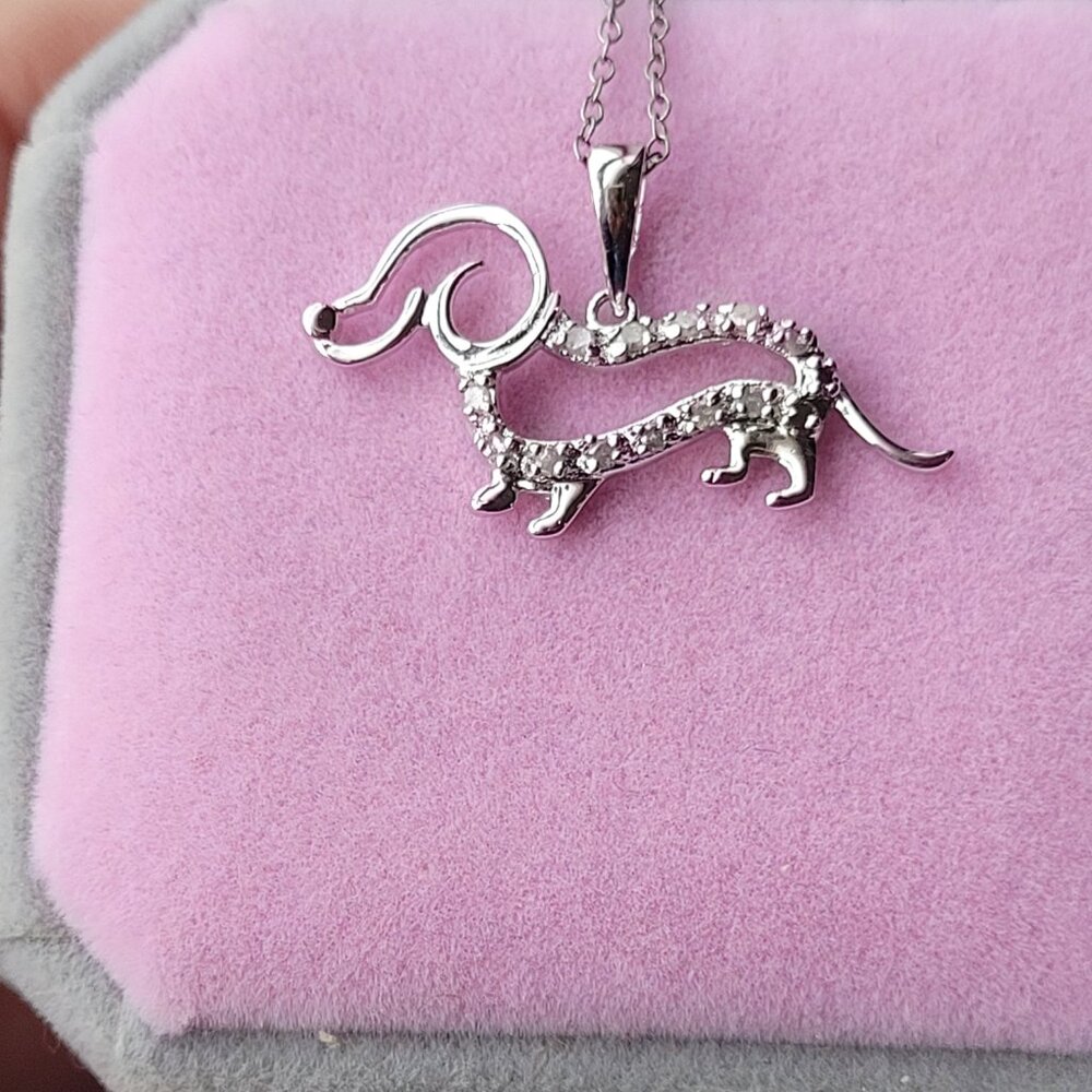 Dog Diamond Sterling Pendant Necklace Dachshund Weenie Doxie Dog Lover - Picture 8 of 16